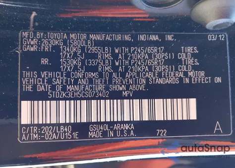 2012 Toyota Highlander Se V6 z USA, uszkodzony, nr VIN 5TDZK3EH5CS073402